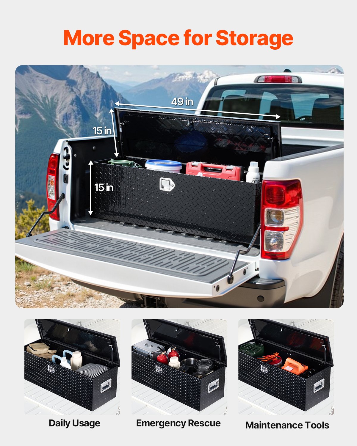 VEVOR Heavy-Duty Aluminium Tool Box with Diamond Plate Cover, Side Handles and Lock, 1244.6×381×381 mm, Black