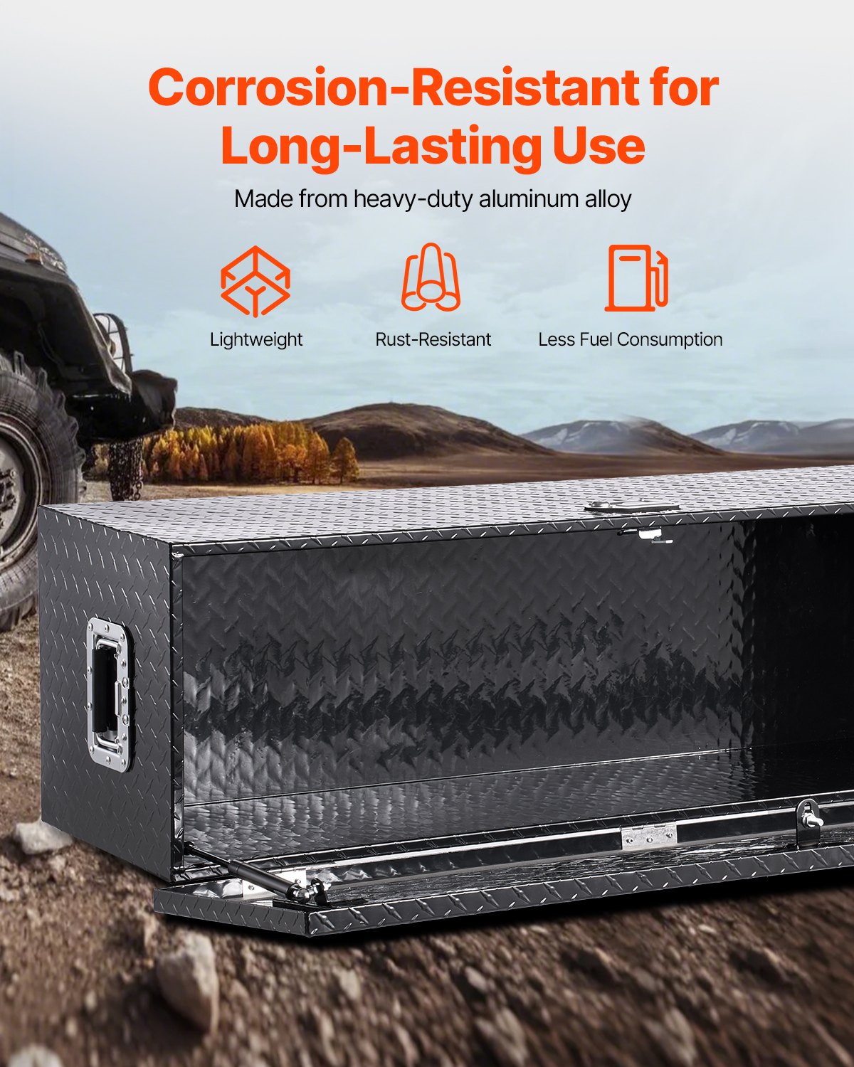 VEVOR Heavy-Duty Aluminium Tool Box with Diamond Plate Cover, Side Handles and Lock, 1244.6×381×381 mm, Black