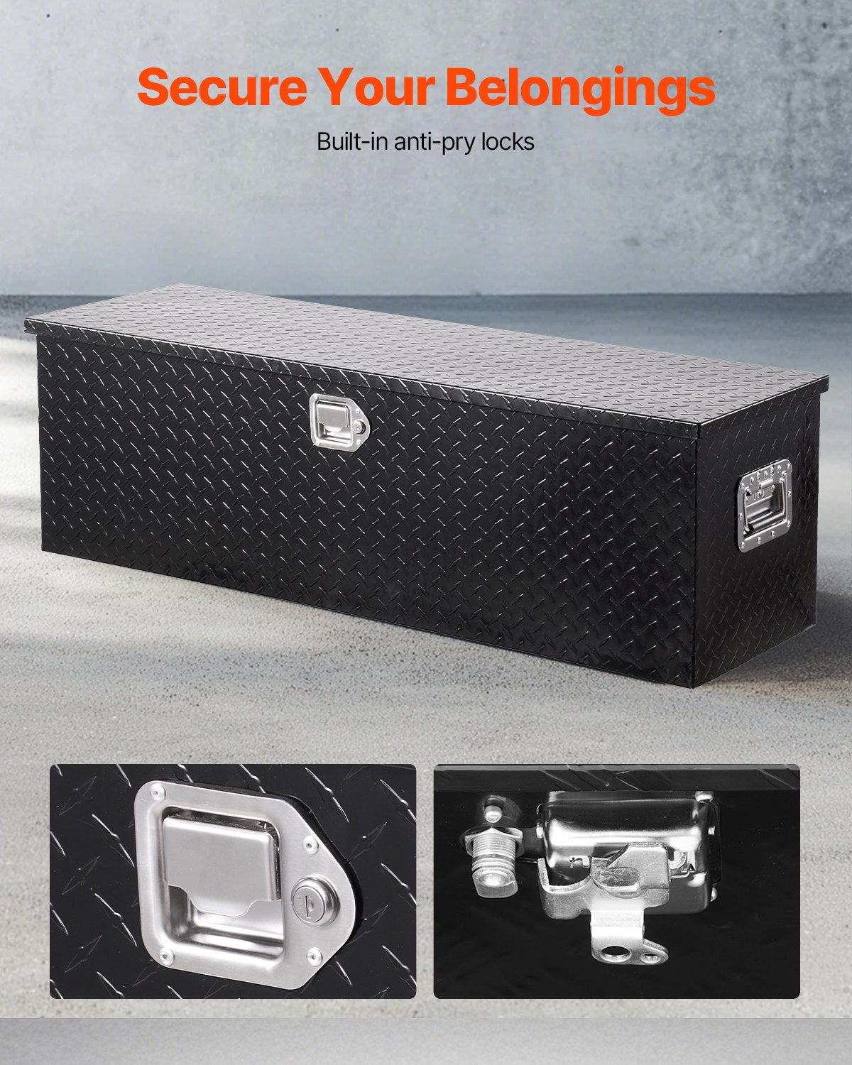 VEVOR Heavy-Duty Aluminium Tool Box with Diamond Plate Cover, Side Handles and Lock, 1244.6×381×381 mm, Black