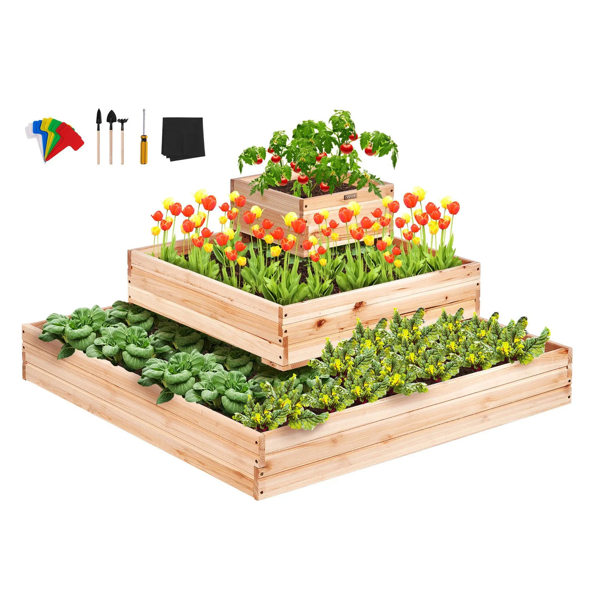 Paaugstinātā dārza dobe, 113 × 113 × 52 cm koka stādīšanas kaste ar atvērtu pamatni, piemērota ziedu, dārzeņu un garšaugu audzēšanai pagalmā, dārzā, terasē vai balkonā, gaiši brūna (Burlywood).
