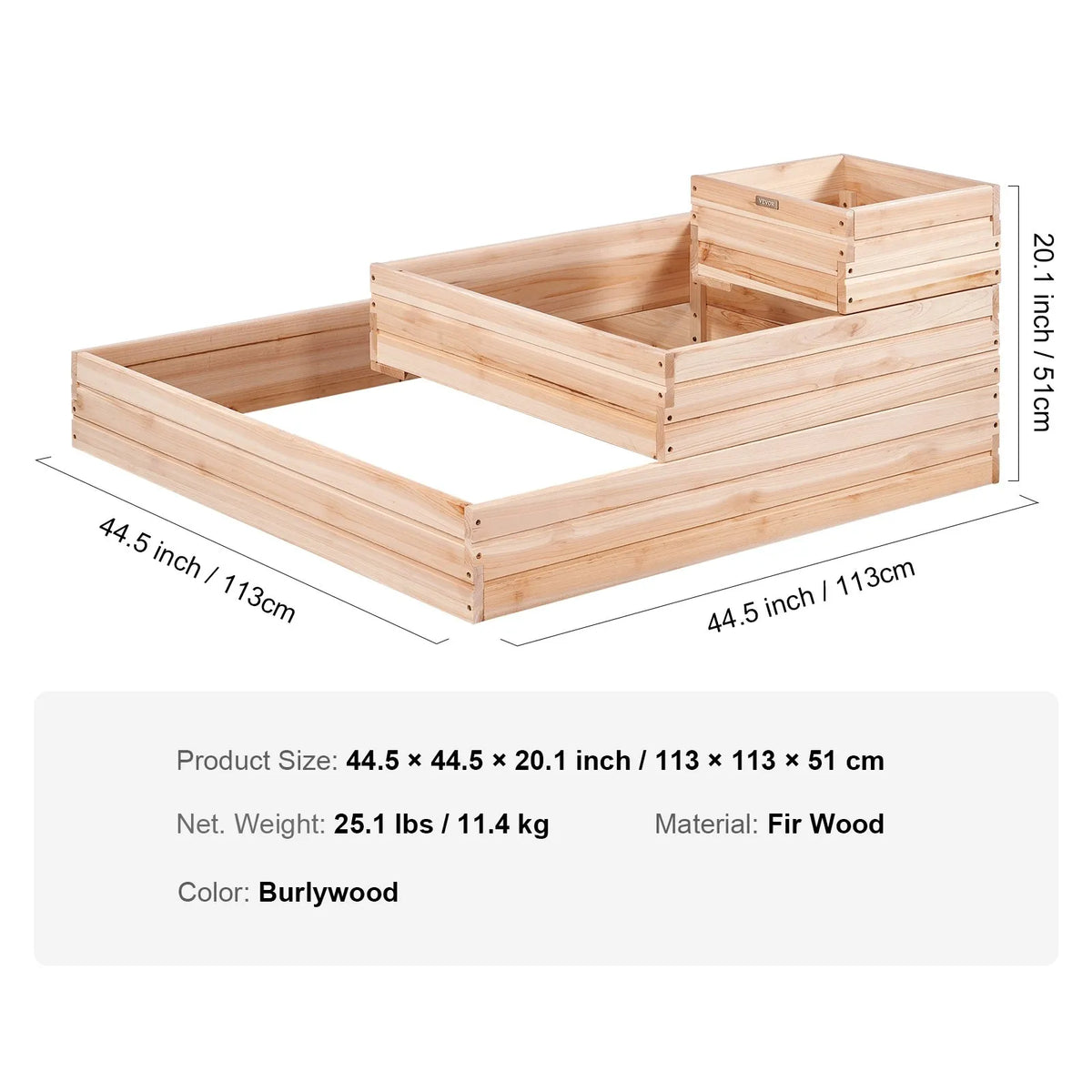 Paaugstinātā dārza dobe, 113 × 113 × 52 cm koka stādīšanas kaste ar atvērtu pamatni, piemērota ziedu, dārzeņu un garšaugu audzēšanai pagalmā, dārzā, terasē vai balkonā, gaiši brūna (Burlywood).