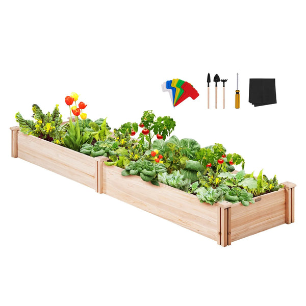 Paaugstinātā dārza dobe 240 × 61 × 25 cm koka stādīšanas kaste ar atvērtu pamatni, āra ziediem, dārzeņiem un garšaugiem dārzā, pagalmā vai balkonā, gaiši brūna