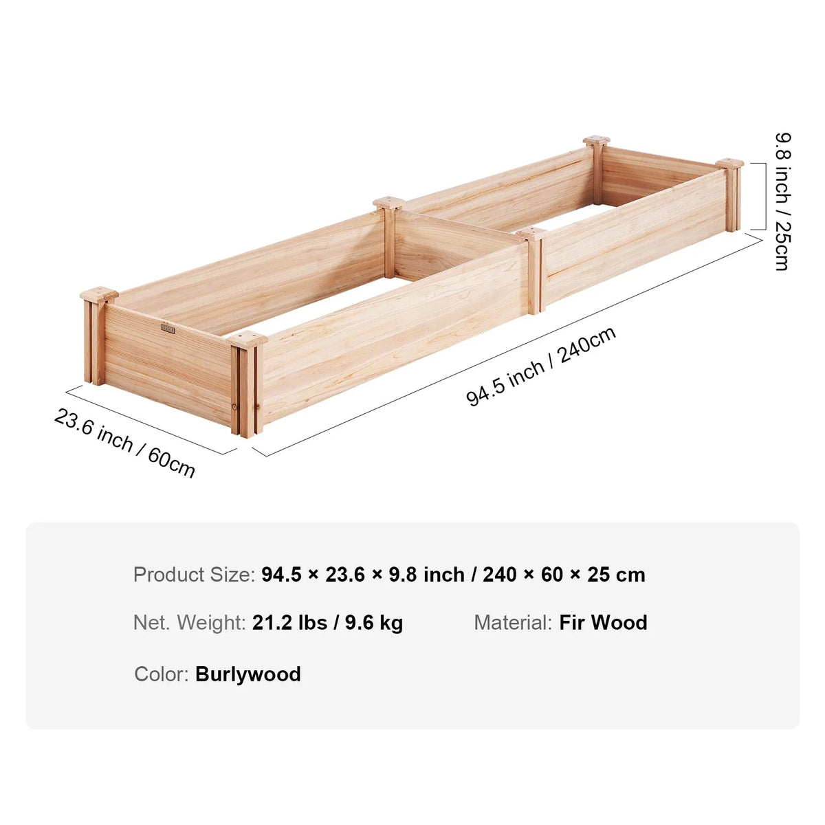 Paaugstinātā dārza dobe 240 × 61 × 25 cm koka stādīšanas kaste ar atvērtu pamatni, āra ziediem, dārzeņiem un garšaugiem dārzā, pagalmā vai balkonā, gaiši brūna