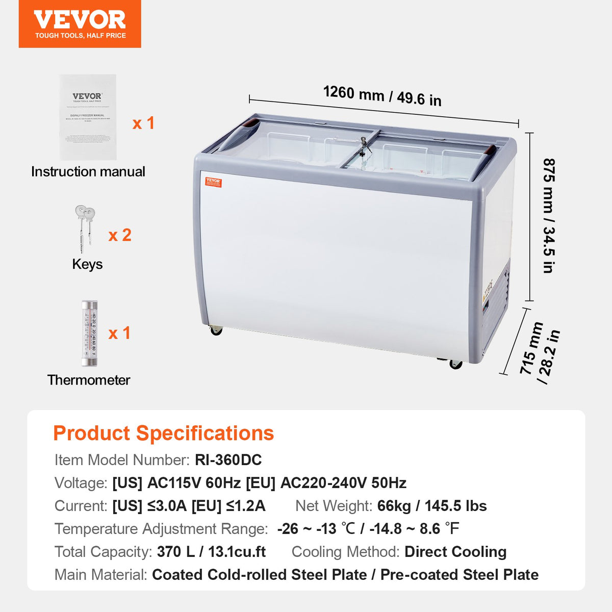 VEVOR Gelato Ice Cream Display Cabinet 370 l, Commercial