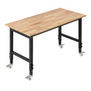 VEVOR regulējams darba galds uz riteņiem, slodze līdz 680 kg, 122 × 60 cm ozolkoka virsma, augstuma regulēšana 72,5–107,5 cm, izturīgs masīvkoka darba galds garāžai, darbnīcai, mājai un birojam