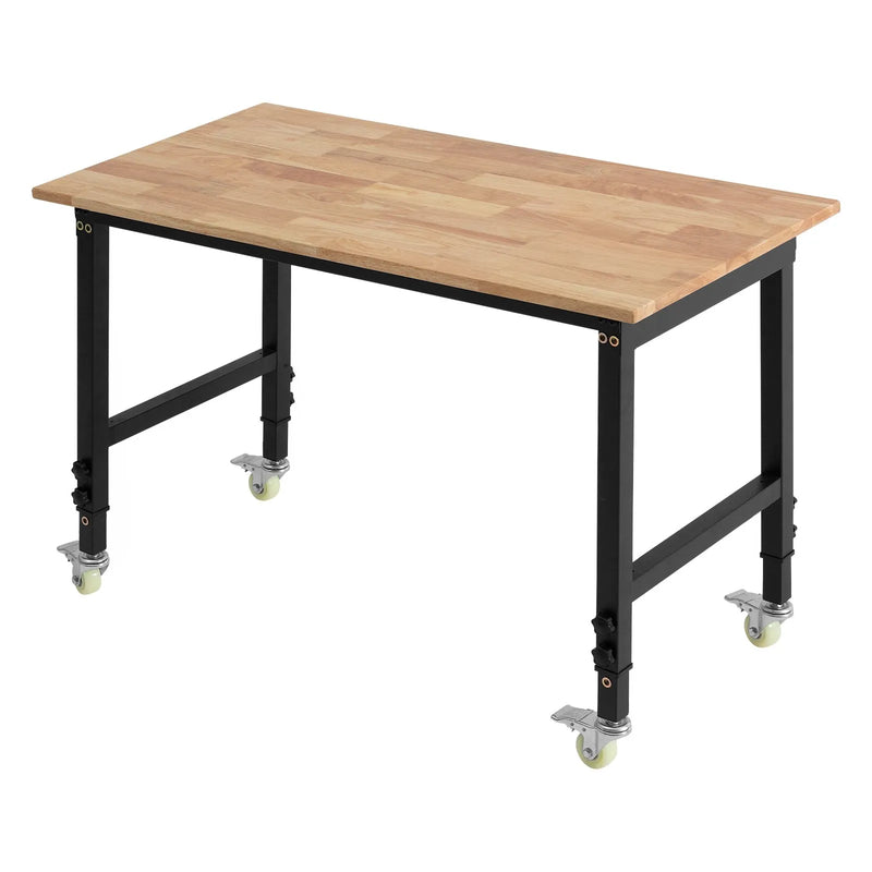 VEVOR regulējams darba galds uz riteņiem, slodze līdz 680 kg, 122 × 60 cm ozolkoka virsma, augstuma regulēšana 72,5–107,5 cm, izturīgs masīvkoka darba galds garāžai, darbnīcai, mājai un birojam