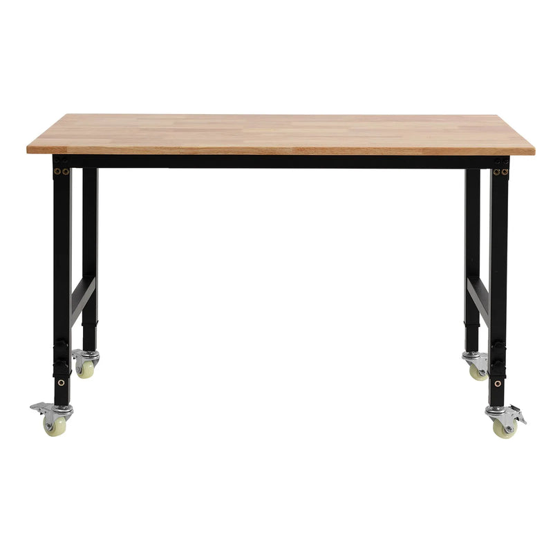 VEVOR regulējams darba galds uz riteņiem, slodze līdz 680 kg, 122 × 60 cm ozolkoka virsma, augstuma regulēšana 72,5–107,5 cm, izturīgs masīvkoka darba galds garāžai, darbnīcai, mājai un birojam