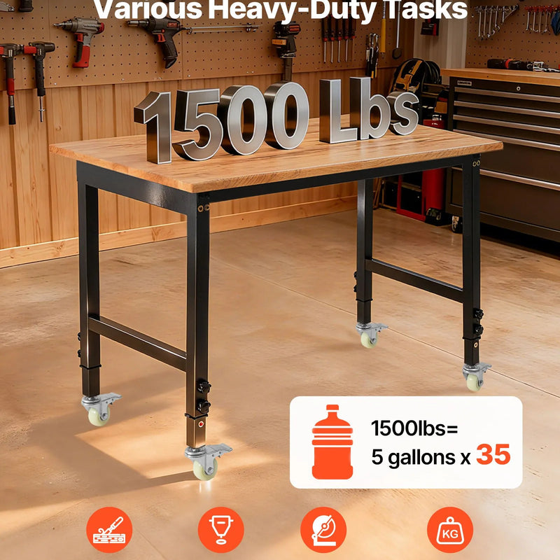 VEVOR regulējams darba galds uz riteņiem, slodze līdz 680 kg, 122 × 60 cm ozolkoka virsma, augstuma regulēšana 72,5–107,5 cm, izturīgs masīvkoka darba galds garāžai, darbnīcai, mājai un birojam