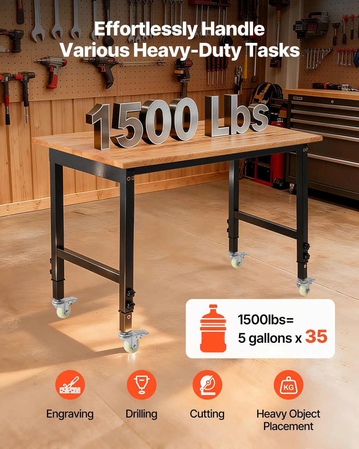 VEVOR regulējams darba galds uz riteņiem, slodze līdz 680 kg, 122 × 60 cm ozolkoka virsma, augstuma regulēšana 72,5–107,5 cm, izturīgs masīvkoka darba galds garāžai, darbnīcai, mājai un birojam - ZEMLETES.LV