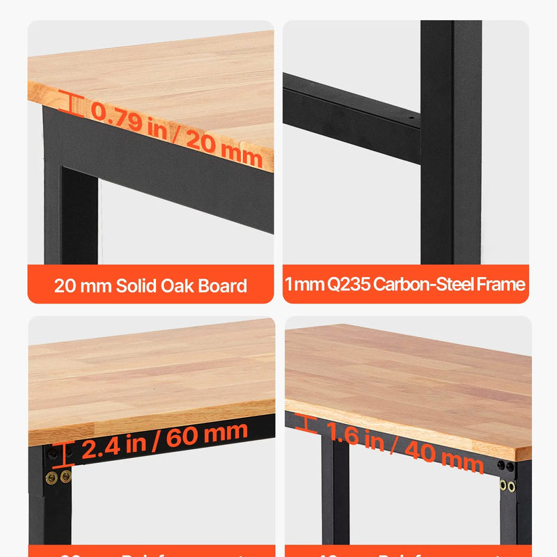 VEVOR regulējams darba galds uz riteņiem, slodze līdz 680 kg, 122 × 60 cm ozolkoka virsma, augstuma regulēšana 72,5–107,5 cm, izturīgs masīvkoka darba galds garāžai, darbnīcai, mājai un birojam