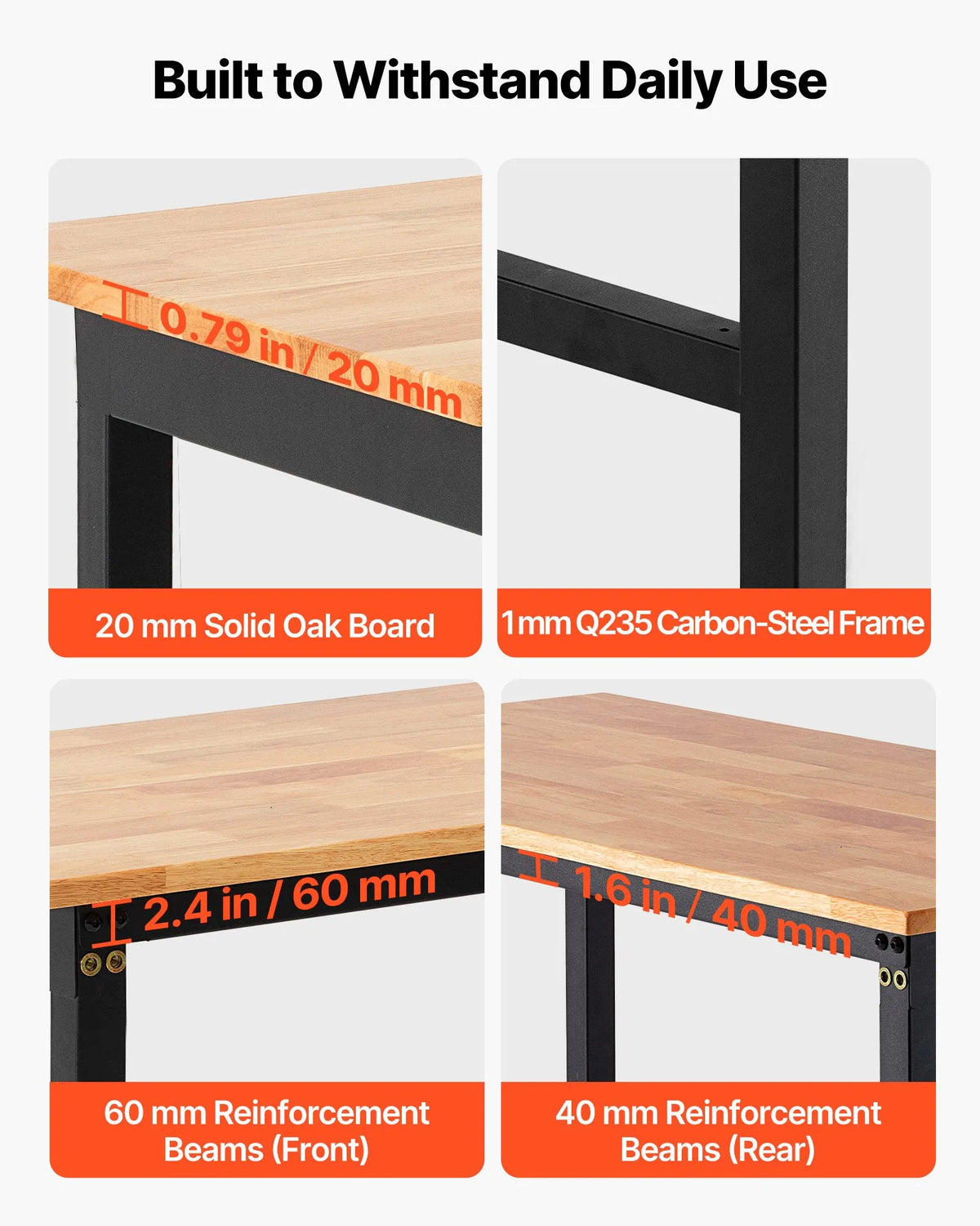 VEVOR regulējams darba galds uz riteņiem, slodze līdz 680 kg, 122 × 60 cm ozolkoka virsma, augstuma regulēšana 72,5–107,5 cm, izturīgs masīvkoka darba galds garāžai, darbnīcai, mājai un birojam - ZEMLETES.LV