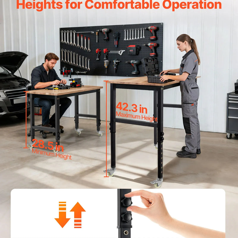 VEVOR regulējams darba galds uz riteņiem, slodze līdz 680 kg, 122 × 60 cm ozolkoka virsma, augstuma regulēšana 72,5–107,5 cm, izturīgs masīvkoka darba galds garāžai, darbnīcai, mājai un birojam