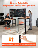 VEVOR regulējams darba galds uz riteņiem, slodze līdz 680 kg, 122 × 60 cm ozolkoka virsma, augstuma regulēšana 72,5–107,5 cm, izturīgs masīvkoka darba galds garāžai, darbnīcai, mājai un birojam