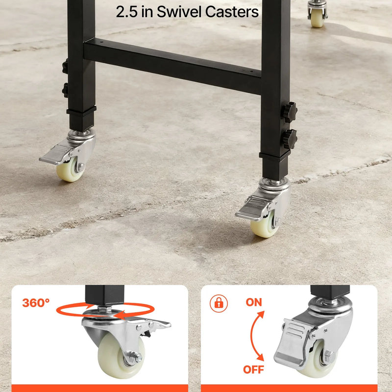 VEVOR regulējams darba galds uz riteņiem, slodze līdz 680 kg, 122 × 60 cm ozolkoka virsma, augstuma regulēšana 72,5–107,5 cm, izturīgs masīvkoka darba galds garāžai, darbnīcai, mājai un birojam