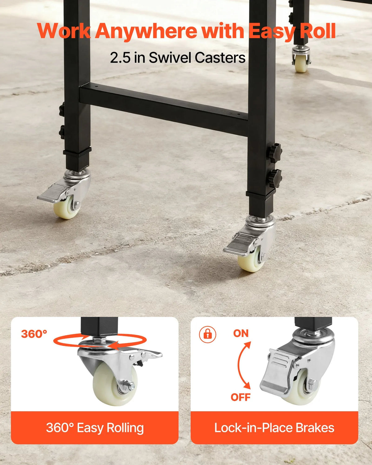 VEVOR regulējams darba galds uz riteņiem, slodze līdz 680 kg, 122 × 60 cm ozolkoka virsma, augstuma regulēšana 72,5–107,5 cm, izturīgs masīvkoka darba galds garāžai, darbnīcai, mājai un birojam - ZEMLETES.LV