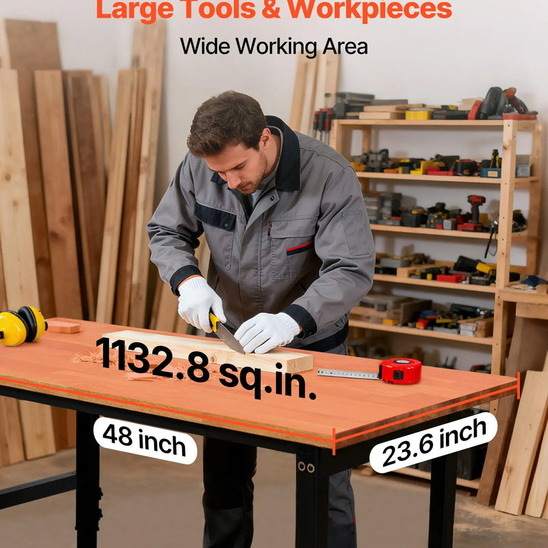 VEVOR regulējams darba galds uz riteņiem, slodze līdz 680 kg, 122 × 60 cm ozolkoka virsma, augstuma regulēšana 72,5–107,5 cm, izturīgs masīvkoka darba galds garāžai, darbnīcai, mājai un birojam