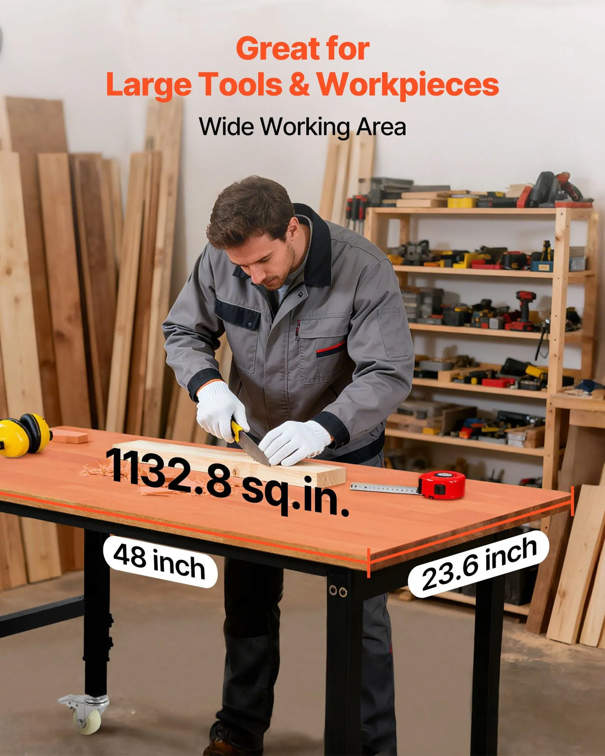 VEVOR regulējams darba galds uz riteņiem, slodze līdz 680 kg, 122 × 60 cm ozolkoka virsma, augstuma regulēšana 72,5–107,5 cm, izturīgs masīvkoka darba galds garāžai, darbnīcai, mājai un birojam - ZEMLETES.LV
