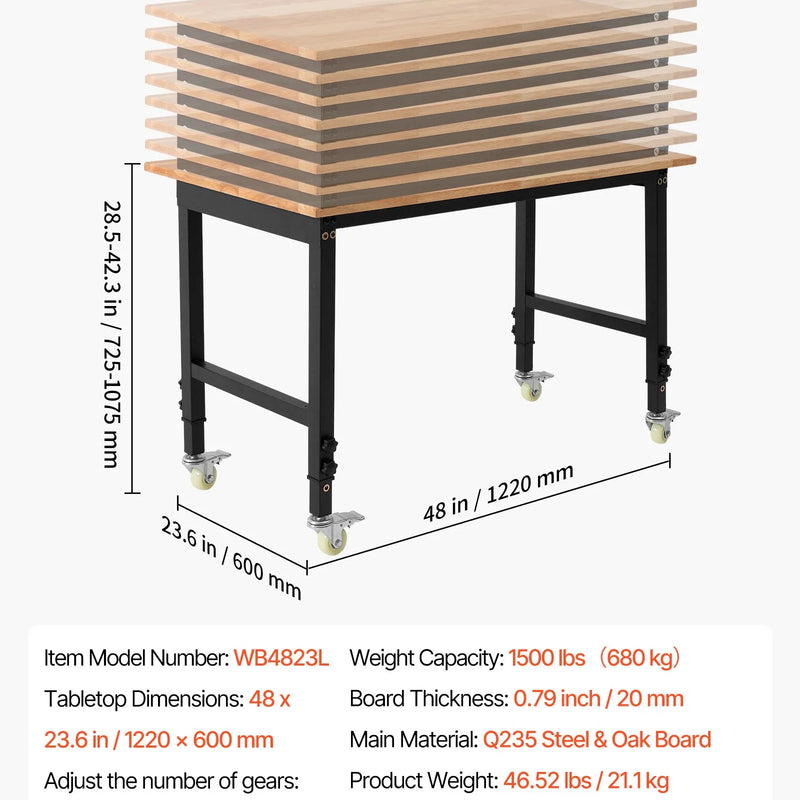 VEVOR regulējams darba galds uz riteņiem, slodze līdz 680 kg, 122 × 60 cm ozolkoka virsma, augstuma regulēšana 72,5–107,5 cm, izturīgs masīvkoka darba galds garāžai, darbnīcai, mājai un birojam