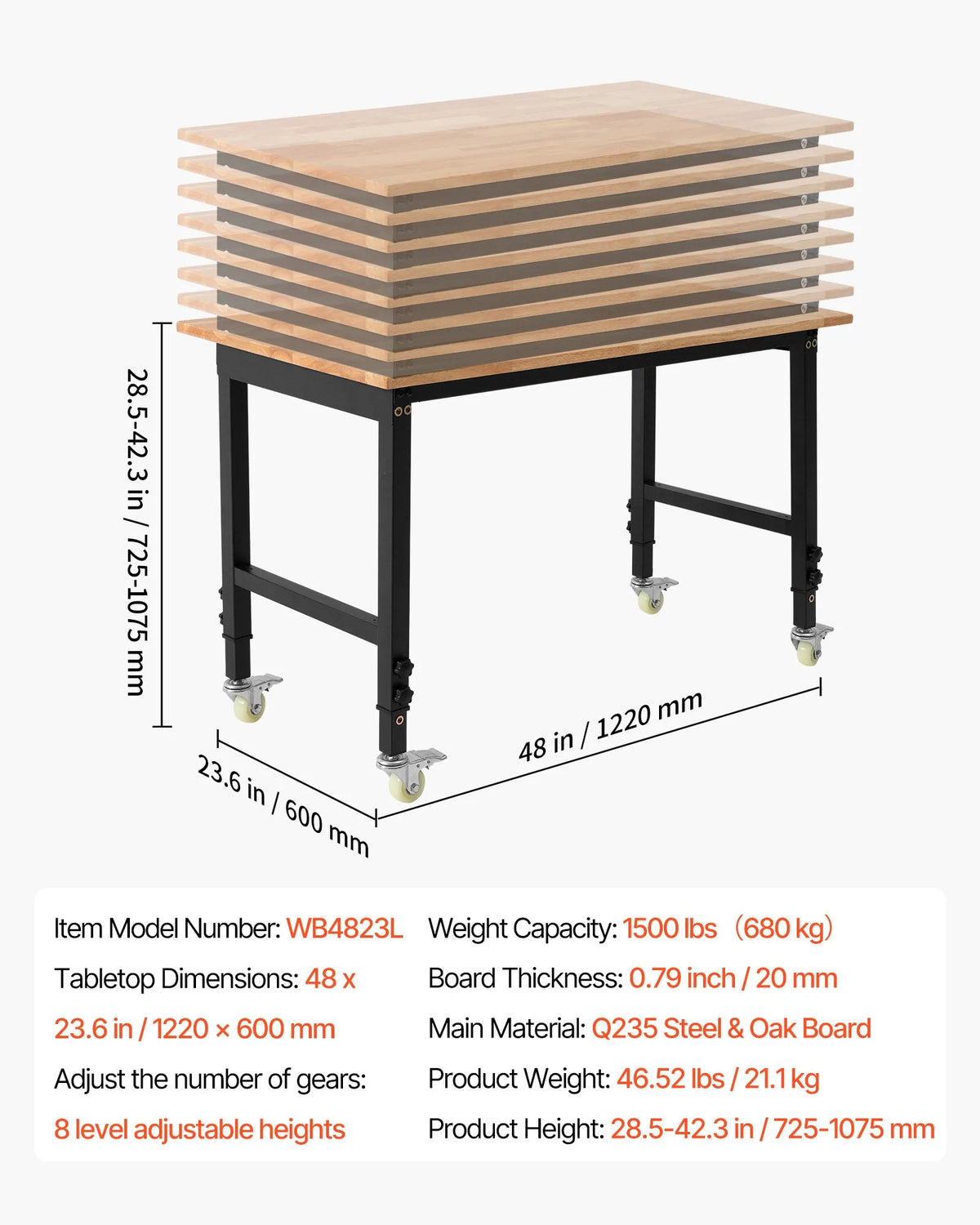 VEVOR regulējams darba galds uz riteņiem, slodze līdz 680 kg, 122 × 60 cm ozolkoka virsma, augstuma regulēšana 72,5–107,5 cm, izturīgs masīvkoka darba galds garāžai, darbnīcai, mājai un birojam - ZEMLETES.LV