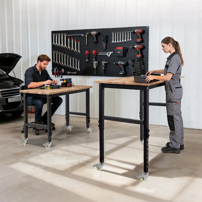 VEVOR regulējams darba galds uz riteņiem, slodze līdz 680 kg, 122 × 60 cm ozolkoka virsma, augstuma regulēšana 72,5–107,5 cm, izturīgs masīvkoka darba galds garāžai, darbnīcai, mājai un birojam