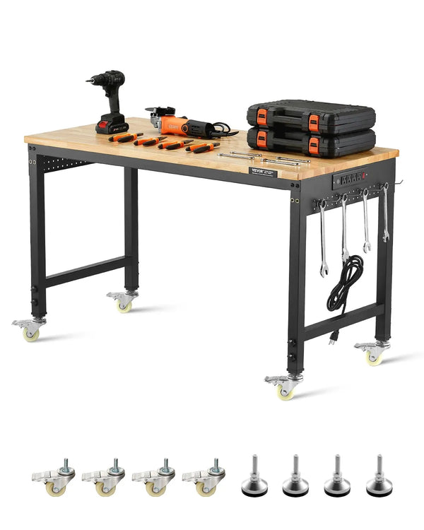 VEVOR 1220 mm darba galds uz riteņiem, regulējams augstums, ar elektroizvadi un instrumentu dēli