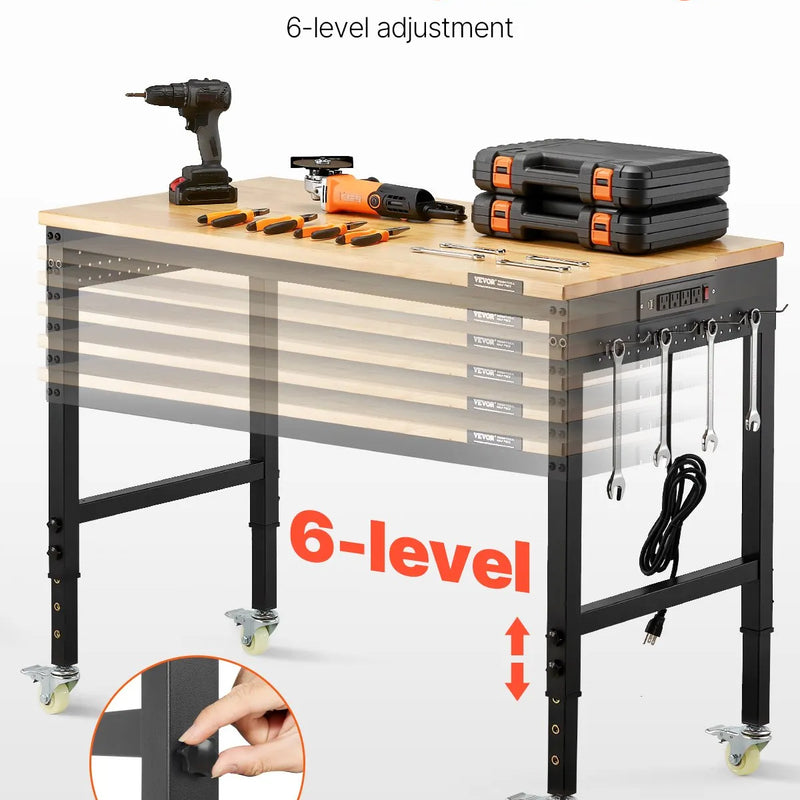 VEVOR 1219 mm regulējams darba sols, kravnesība 907 kg, ar rozetēm, riteņiem un perforēto paneli, smagā tipa ozolkoka virsma, piemērots garāžai, darbnīcai, birojam un mājai