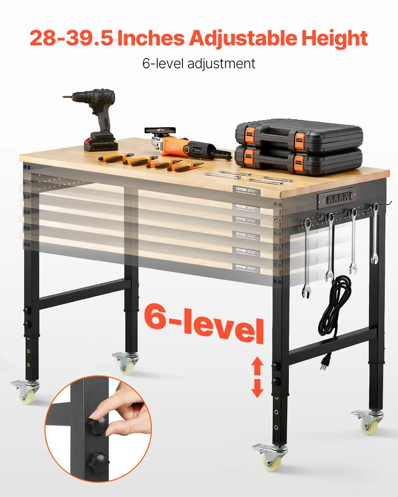VEVOR 1220 mm darba galds uz riteņiem, regulējams augstums, ar elektroizvadi un instrumentu dēli