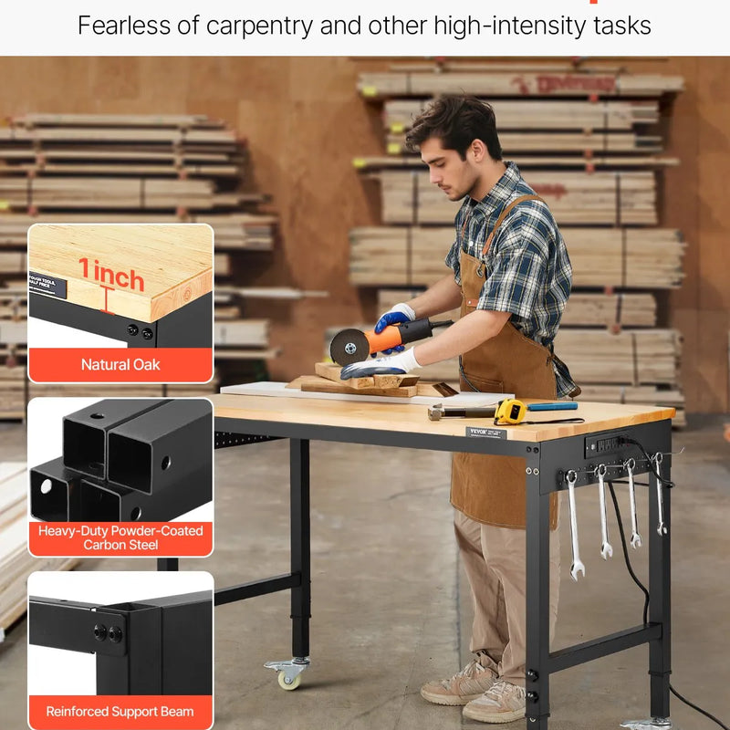 VEVOR 1219 mm regulējams darba sols, kravnesība 907 kg, ar rozetēm, riteņiem un perforēto paneli, smagā tipa ozolkoka virsma, piemērots garāžai, darbnīcai, birojam un mājai