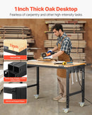 VEVOR 1219 mm regulējams darba sols, kravnesība 907 kg, ar rozetēm, riteņiem un perforēto paneli, smagā tipa ozolkoka virsma, piemērots garāžai, darbnīcai, birojam un mājai