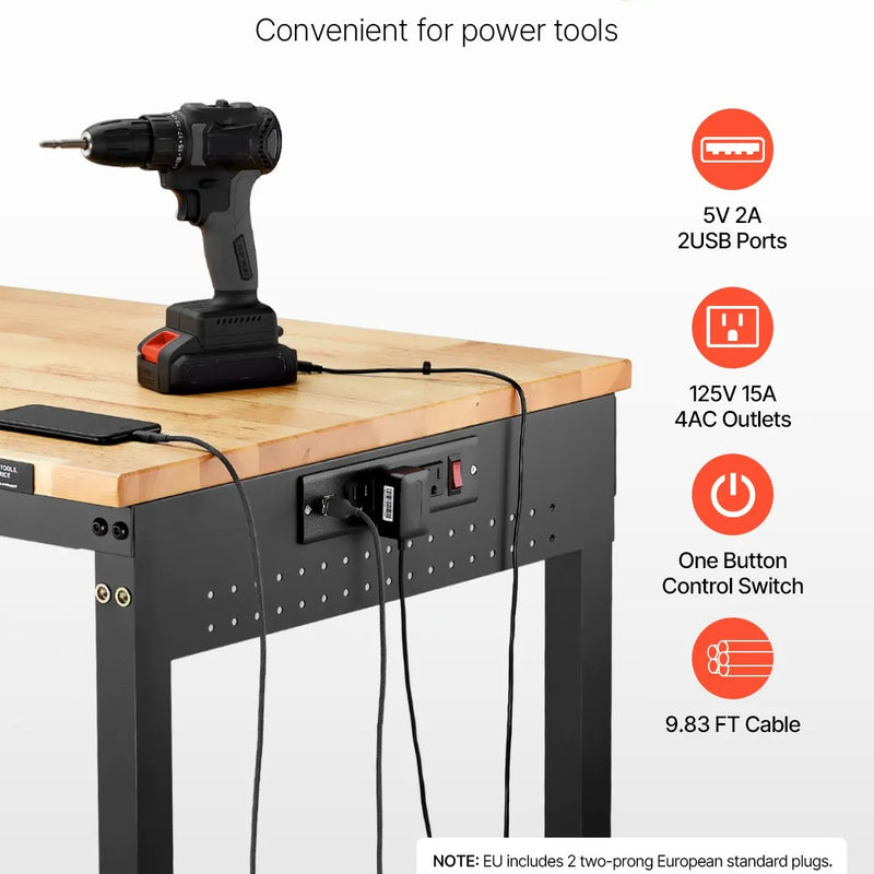 VEVOR 1219 mm regulējams darba sols, kravnesība 907 kg, ar rozetēm, riteņiem un perforēto paneli, smagā tipa ozolkoka virsma, piemērots garāžai, darbnīcai, birojam un mājai