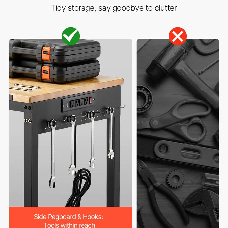 VEVOR 1219 mm regulējams darba sols, kravnesība 907 kg, ar rozetēm, riteņiem un perforēto paneli, smagā tipa ozolkoka virsma, piemērots garāžai, darbnīcai, birojam un mājai