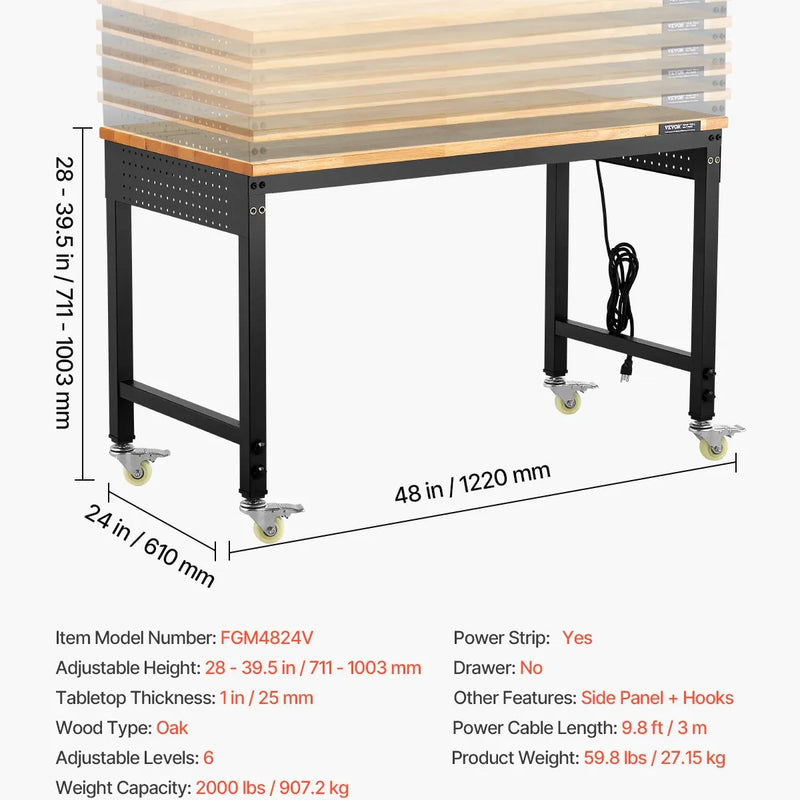 VEVOR 1219 mm regulējams darba sols, kravnesība 907 kg, ar rozetēm, riteņiem un perforēto paneli, smagā tipa ozolkoka virsma, piemērots garāžai, darbnīcai, birojam un mājai