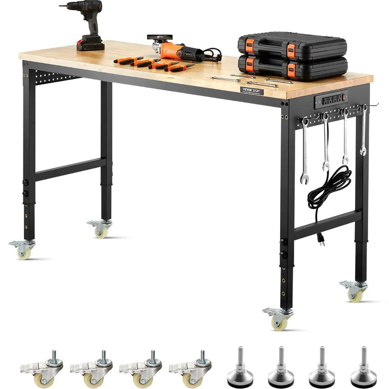 VEVOR 1524 mm regulējams darba galds, kravnesība 907 kg, ar rozetēm, riteņiem un perforēto paneli, smagā tipa ozolkoka virsma, piemērots garāžai, darbnīcai, birojam un mājai