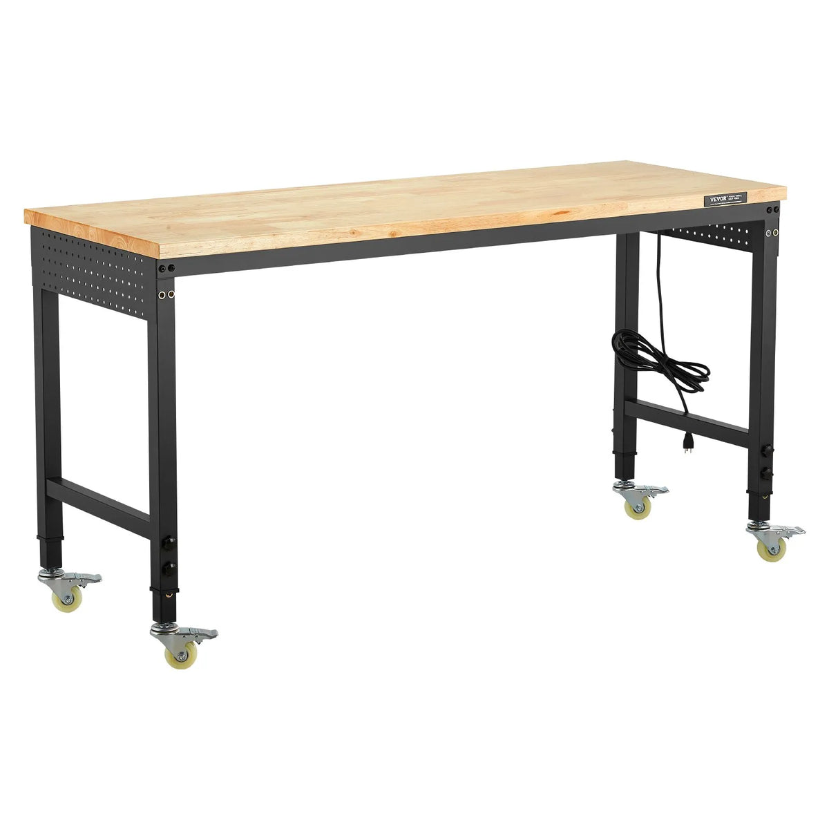 VEVOR 1524 mm Adjustable Work Table, 907 kg Load Capacity, with Power Outlets, Wheels and Perforated Panel, Heavy-Duty Oak Surface, Suitable for Garage, Workshop, Office and Home