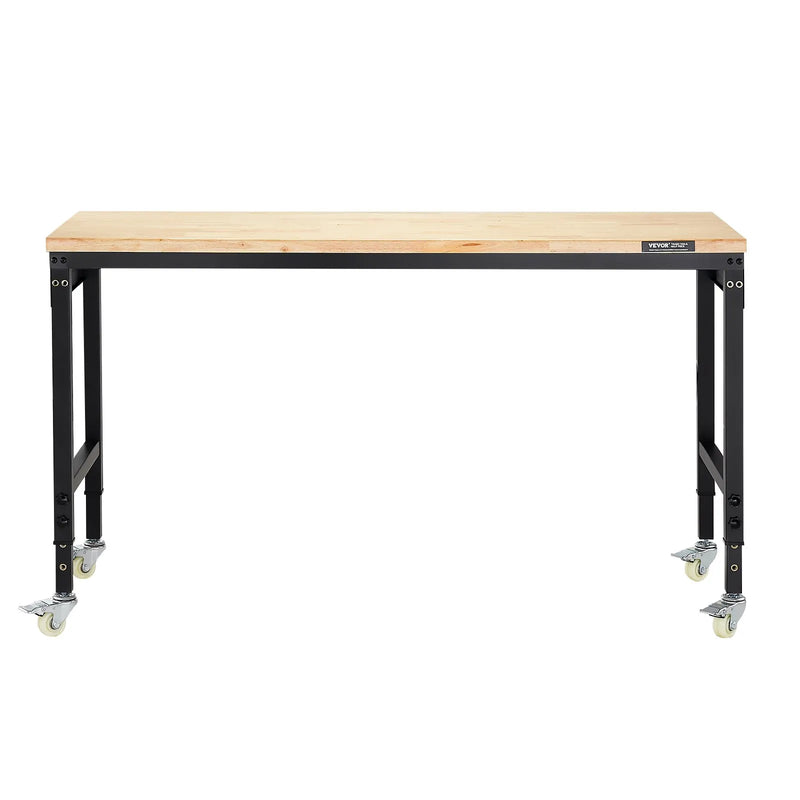 VEVOR 1524 mm regulējams darba galds, kravnesība 907 kg, ar rozetēm, riteņiem un perforēto paneli, smagā tipa ozolkoka virsma, piemērots garāžai, darbnīcai, birojam un mājai