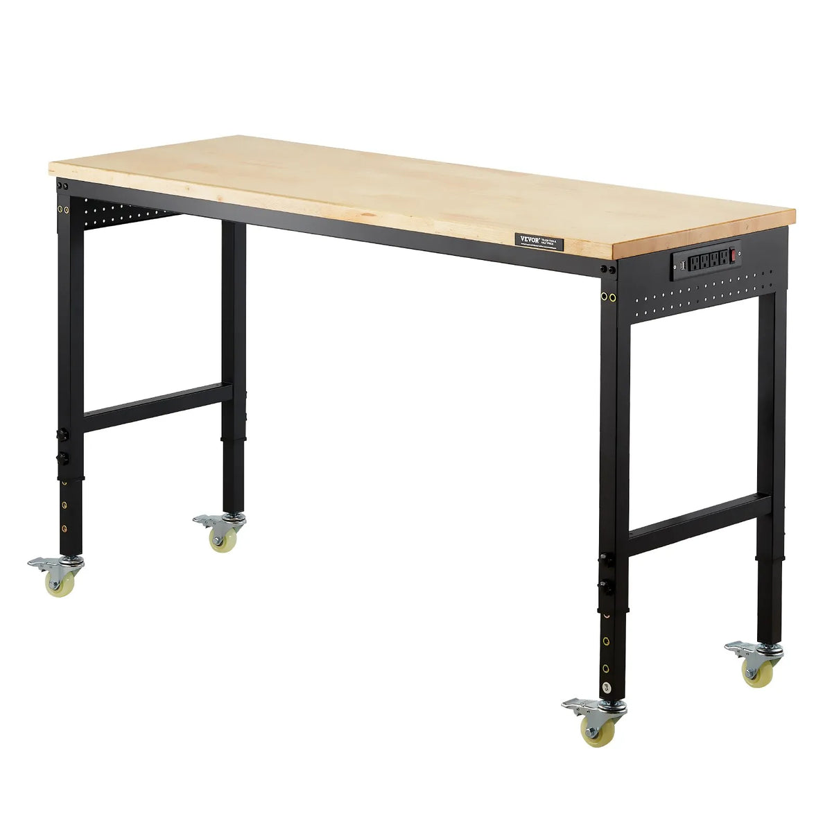 VEVOR 1524 mm Adjustable Work Table, 907 kg Load Capacity, with Power Outlets, Wheels and Perforated Panel, Heavy-Duty Oak Surface, Suitable for Garage, Workshop, Office and Home