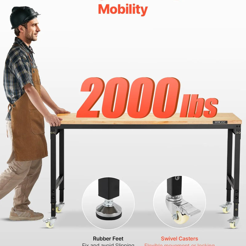 VEVOR 1524 mm regulējams darba galds, kravnesība 907 kg, ar rozetēm, riteņiem un perforēto paneli, smagā tipa ozolkoka virsma, piemērots garāžai, darbnīcai, birojam un mājai