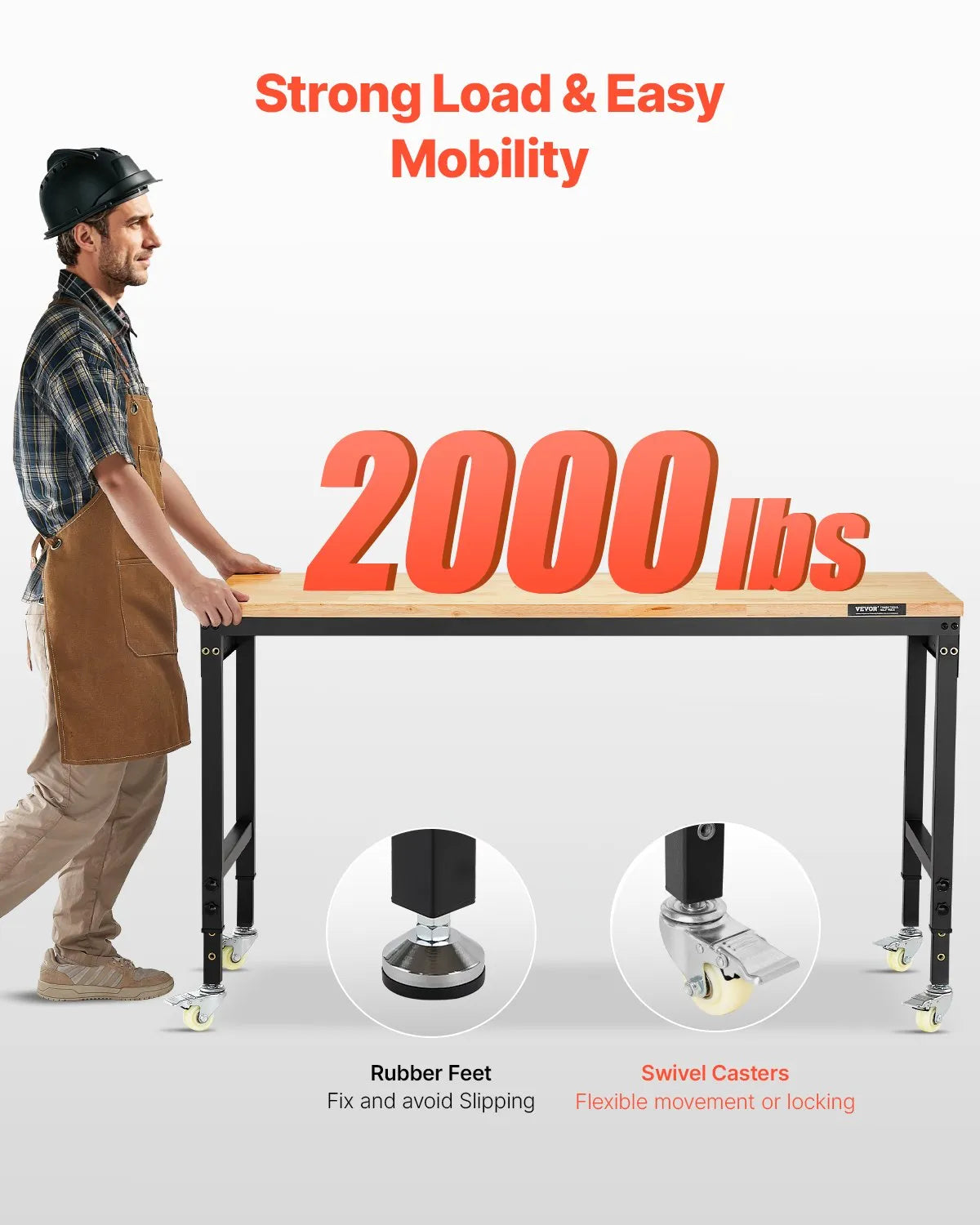 VEVOR 1524 mm Adjustable Work Table, 907 kg Load Capacity, with Power Outlets, Wheels and Perforated Panel, Heavy-Duty Oak Surface, Suitable for Garage, Workshop, Office and Home