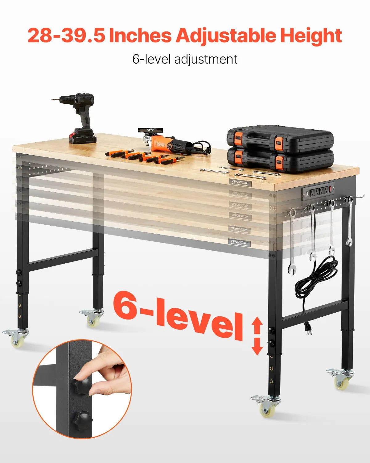 VEVOR 1524 mm Adjustable Work Table, 907 kg Load Capacity, with Power Outlets, Wheels and Perforated Panel, Heavy-Duty Oak Surface, Suitable for Garage, Workshop, Office and Home