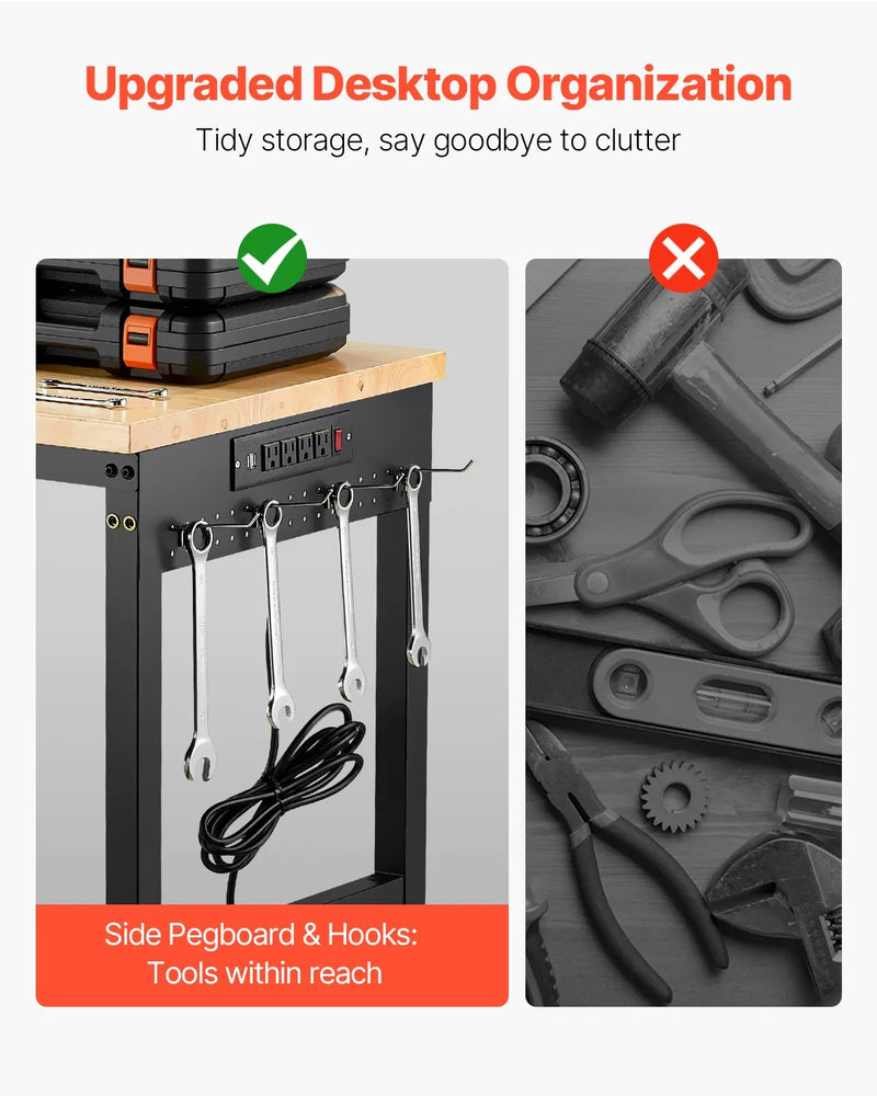 VEVOR 1524 mm regulējams darba galds, kravnesība 907 kg, ar rozetēm, riteņiem un perforēto paneli, smagā tipa ozolkoka virsma, piemērots garāžai, darbnīcai, birojam un mājai