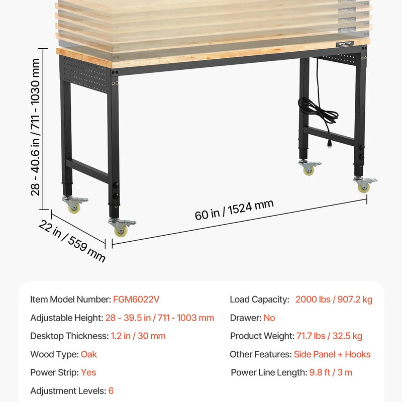 VEVOR 1524 mm regulējams darba galds, kravnesība 907 kg, ar rozetēm, riteņiem un perforēto paneli, smagā tipa ozolkoka virsma, piemērots garāžai, darbnīcai, birojam un mājai