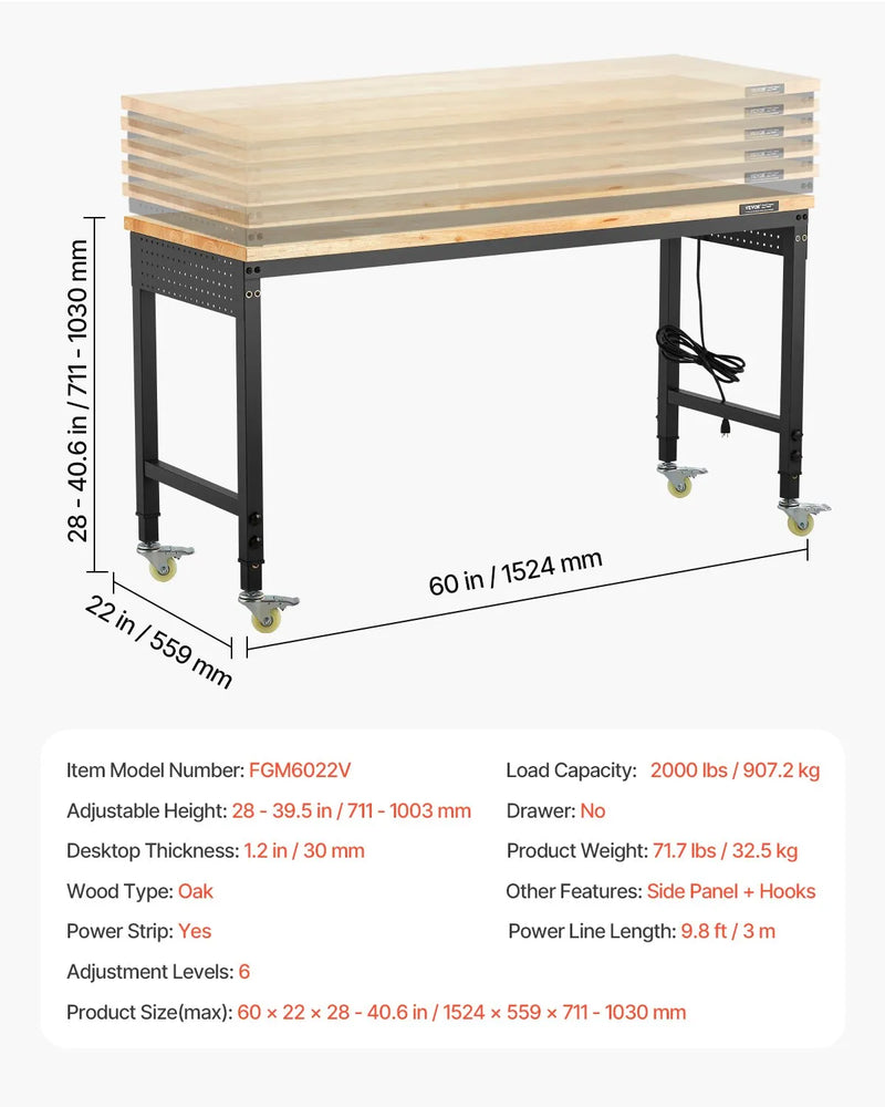 VEVOR 1524 mm regulējams darba galds, kravnesība 907 kg, ar rozetēm, riteņiem un perforēto paneli, smagā tipa ozolkoka virsma, piemērots garāžai, darbnīcai, birojam un mājai