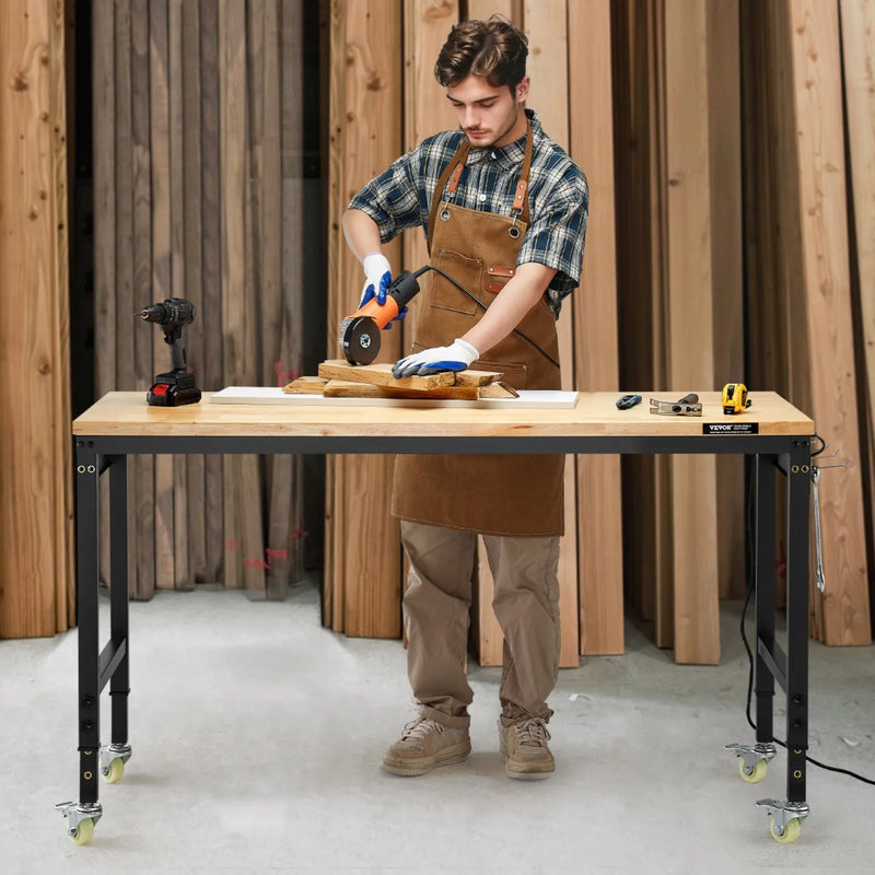 VEVOR 1524 mm regulējams darba galds, kravnesība 907 kg, ar rozetēm, riteņiem un perforēto paneli, smagā tipa ozolkoka virsma, piemērots garāžai, darbnīcai, birojam un mājai