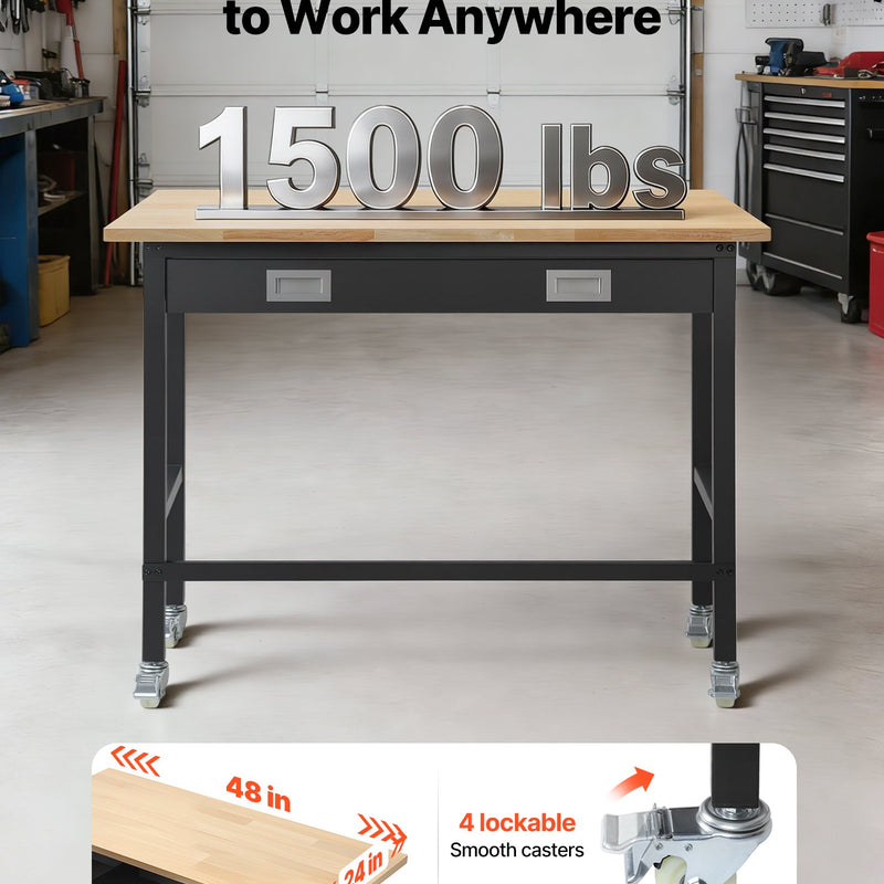 VEVOR darba galds 1220 mm, slodze līdz 680 kg, garāžas darba galds ar atvilktņu uzglabāšanu un riteņiem, darbnīcas galds uz riteņiem ar izturīgu ozolkoka virsmu, piemērots garāžai, darbnīcai, birojam un mājai