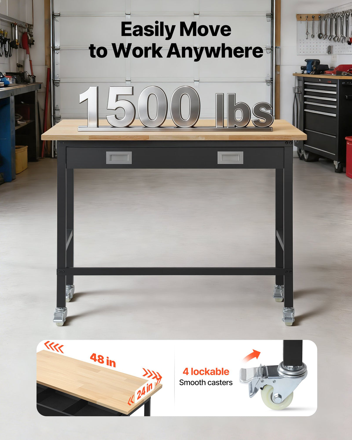 VEVOR darba galds 1220 mm, slodze līdz 680 kg, garāžas darba galds ar atvilktņu uzglabāšanu un riteņiem, darbnīcas galds uz riteņiem ar izturīgu ozolkoka virsmu, piemērots garāžai, darbnīcai, birojam un mājai - ZEMLETES.LV