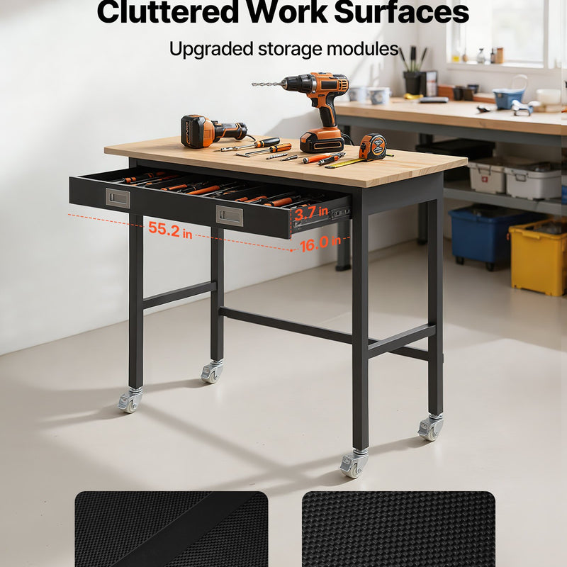 VEVOR darba galds 1220 mm, slodze līdz 680 kg, garāžas darba galds ar atvilktņu uzglabāšanu un riteņiem, darbnīcas galds uz riteņiem ar izturīgu ozolkoka virsmu, piemērots garāžai, darbnīcai, birojam un mājai