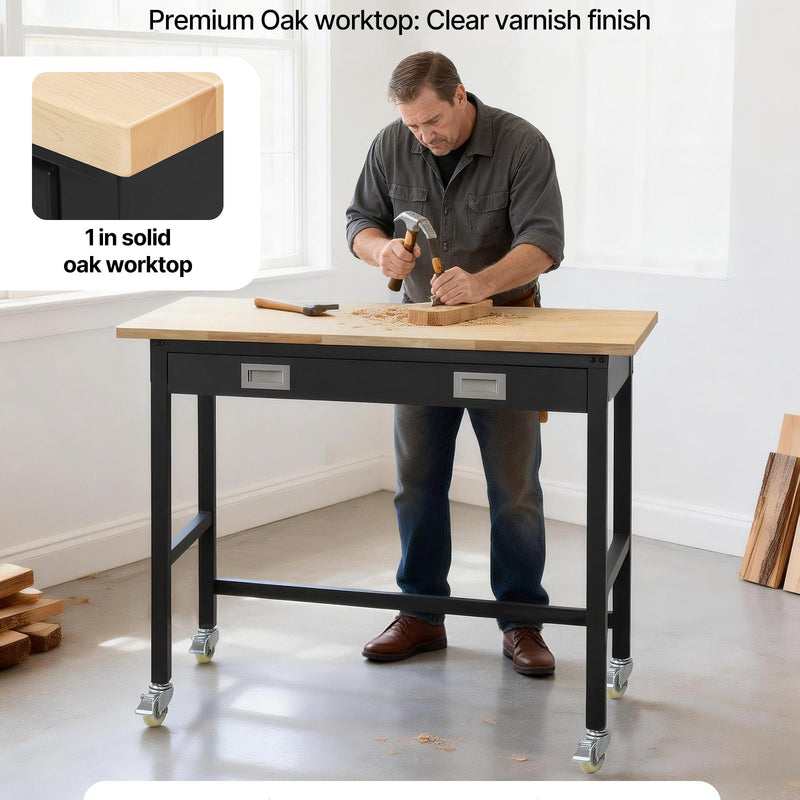 VEVOR darba galds 1220 mm, slodze līdz 680 kg, garāžas darba galds ar atvilktņu uzglabāšanu un riteņiem, darbnīcas galds uz riteņiem ar izturīgu ozolkoka virsmu, piemērots garāžai, darbnīcai, birojam un mājai