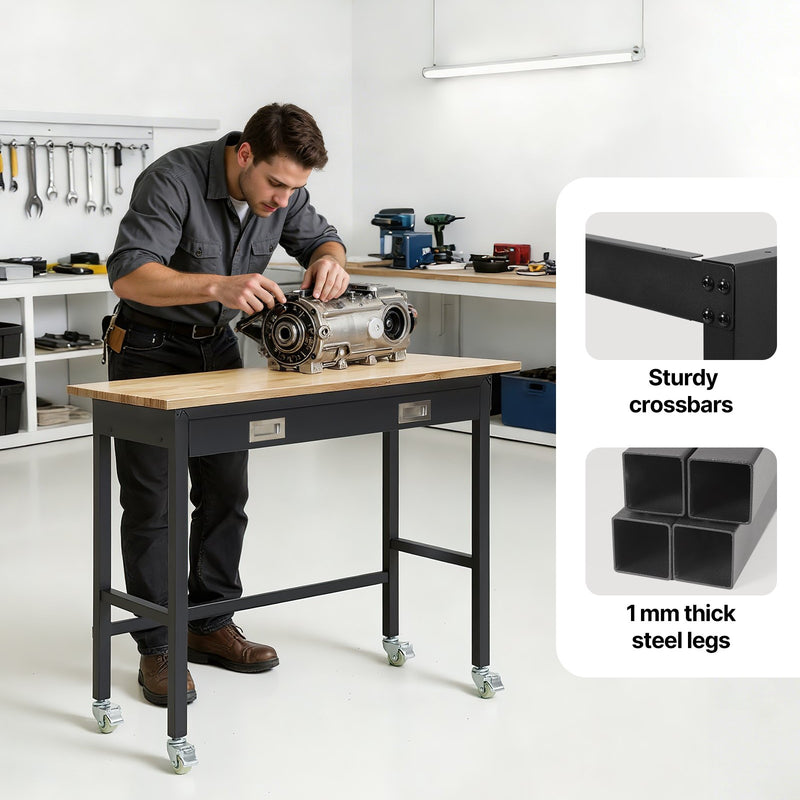 VEVOR darba galds 1220 mm, slodze līdz 680 kg, garāžas darba galds ar atvilktņu uzglabāšanu un riteņiem, darbnīcas galds uz riteņiem ar izturīgu ozolkoka virsmu, piemērots garāžai, darbnīcai, birojam un mājai