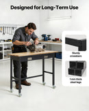 VEVOR darba galds 1220 mm, slodze līdz 680 kg, garāžas darba galds ar atvilktņu uzglabāšanu un riteņiem, darbnīcas galds uz riteņiem ar izturīgu ozolkoka virsmu, piemērots garāžai, darbnīcai, birojam un mājai