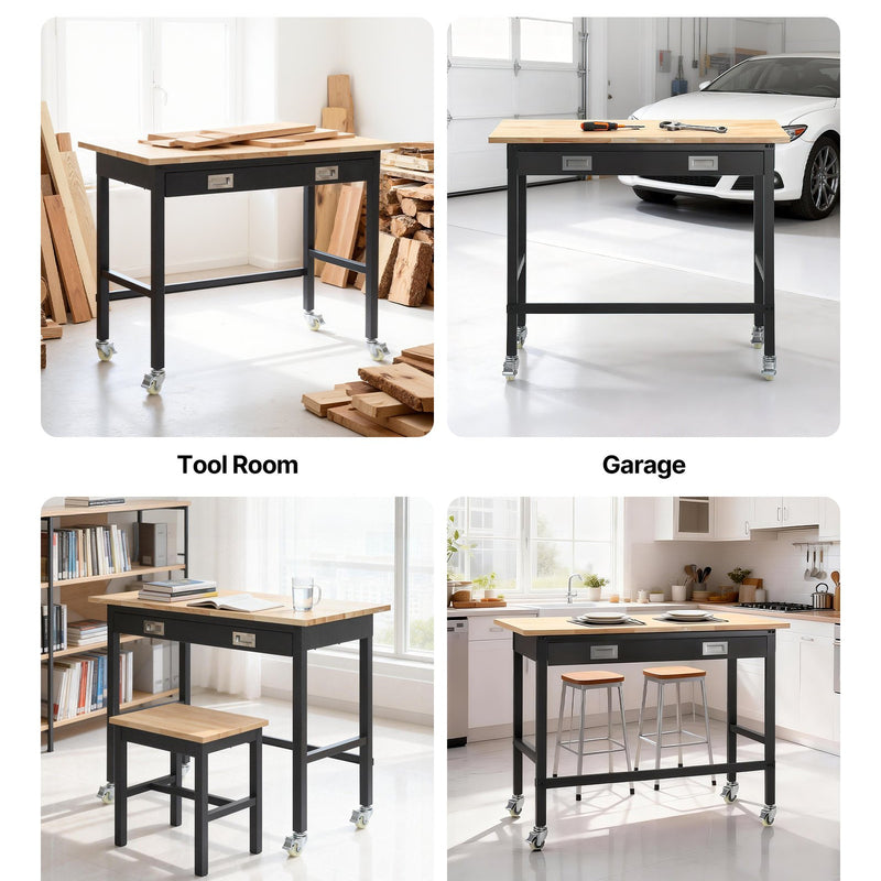 VEVOR darba galds 1220 mm, slodze līdz 680 kg, garāžas darba galds ar atvilktņu uzglabāšanu un riteņiem, darbnīcas galds uz riteņiem ar izturīgu ozolkoka virsmu, piemērots garāžai, darbnīcai, birojam un mājai